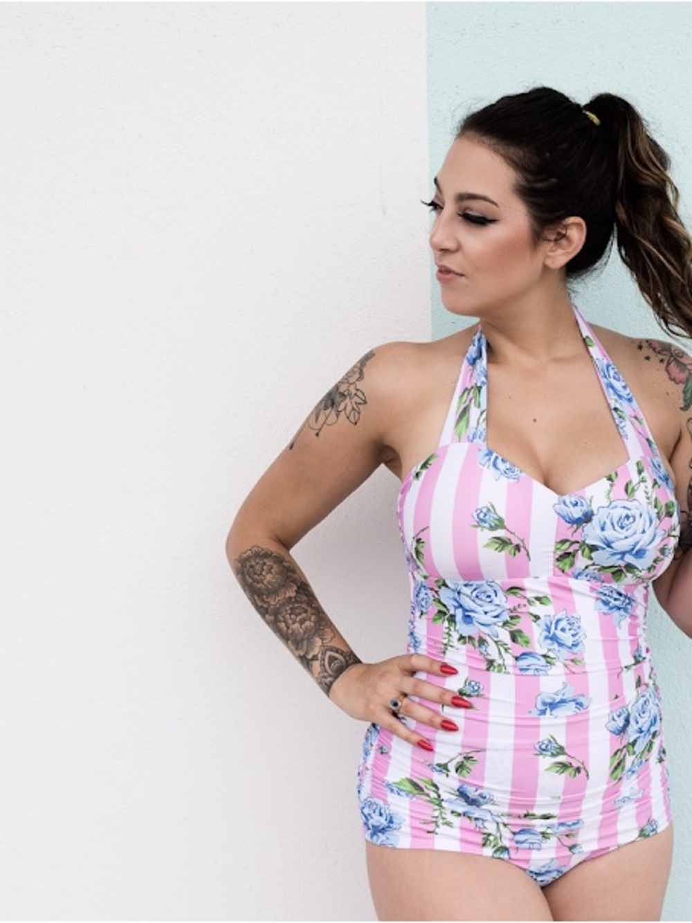 Sourpuss Carousel Roses Striped Floral One Piece Swimsuit - Medium - Like New